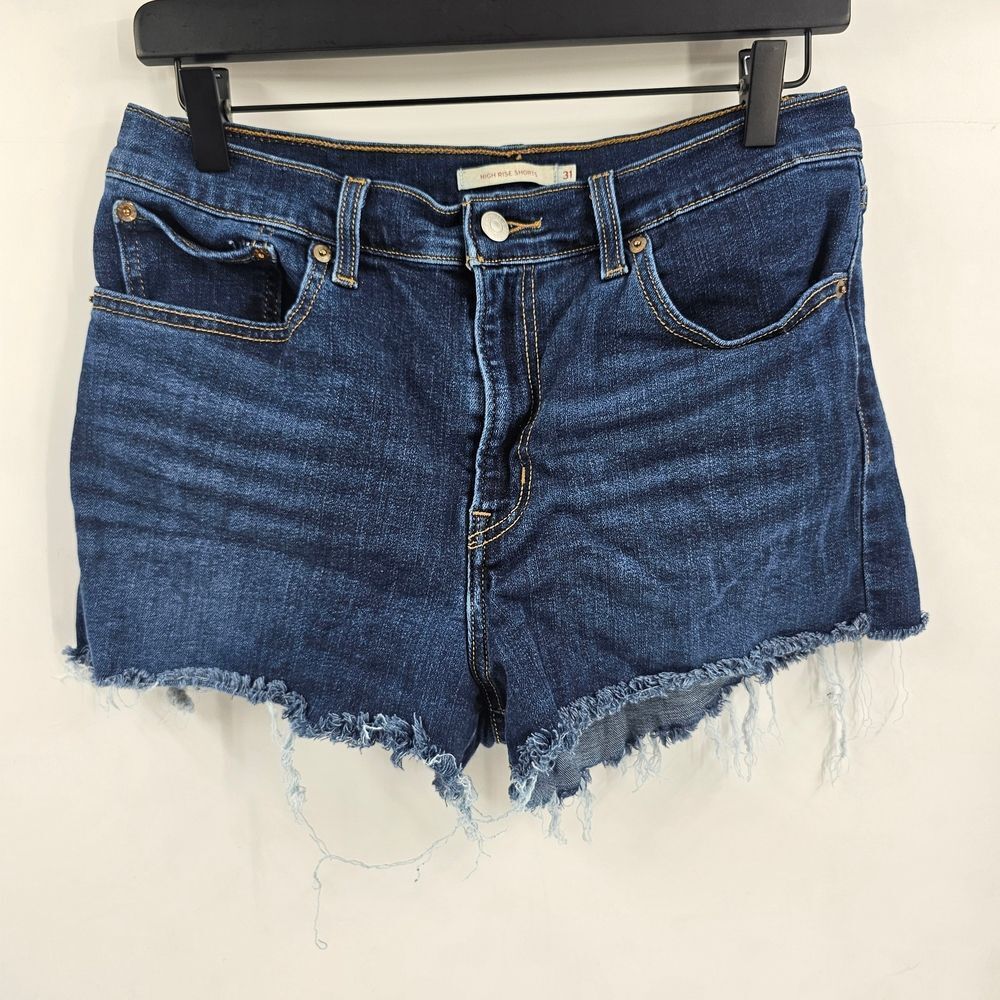 Levis High Rise 31 Denim Blue Frayed Hem Women's Shorts Dark Wash